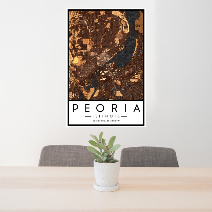 24x36 Peoria Illinois Map Print Portrait Orientation in Ember Style Behind 2 Chairs Table and Potted Plant