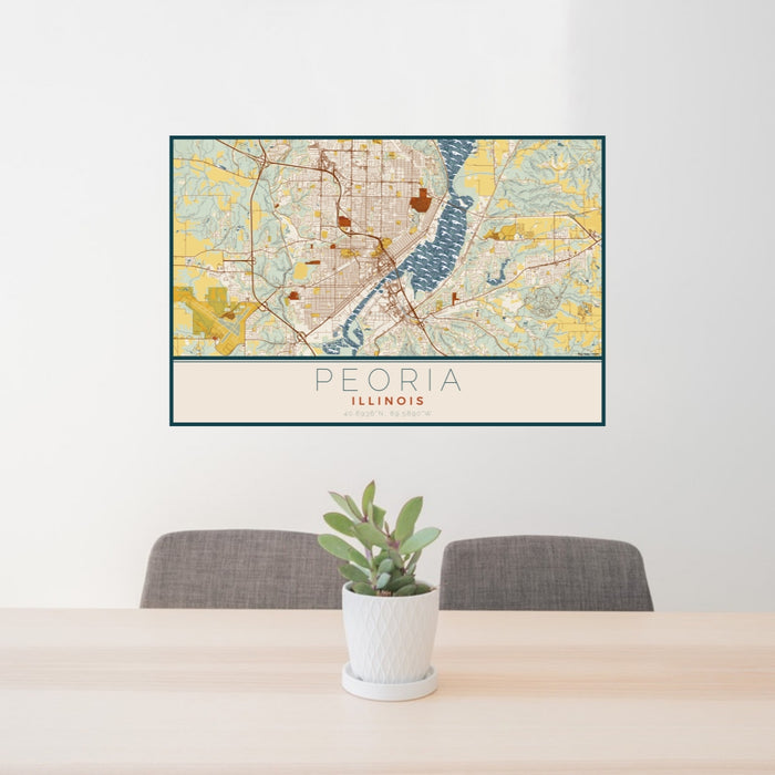 24x36 Peoria Illinois Map Print Lanscape Orientation in Woodblock Style Behind 2 Chairs Table and Potted Plant