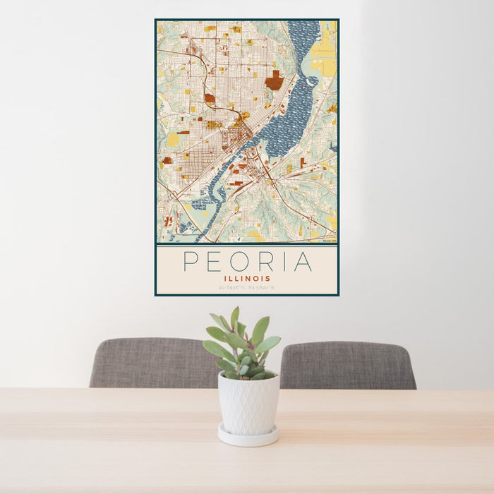 24x36 Peoria Illinois Map Print Portrait Orientation in Woodblock Style Behind 2 Chairs Table and Potted Plant