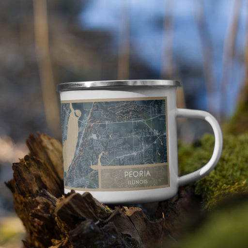 Right View Custom Peoria Illinois Map Enamel Mug in Afternoon on Grass With Trees in Background