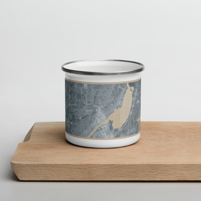 Front View Custom Peoria Illinois Map Enamel Mug in Afternoon on Cutting Board