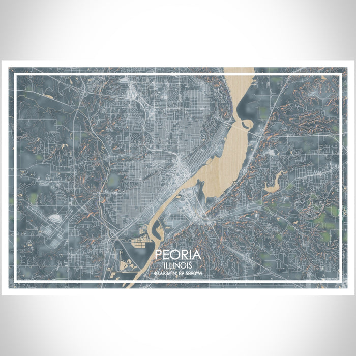 Peoria Illinois Map Print Landscape Orientation in Afternoon Style With Shaded Background