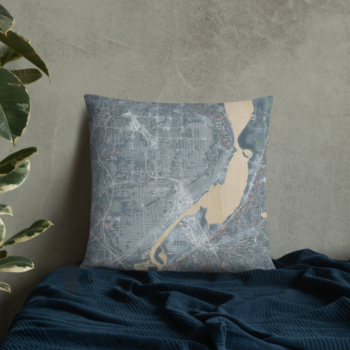 Custom Peoria Illinois Map Throw Pillow in Afternoon on Bedding Against Wall