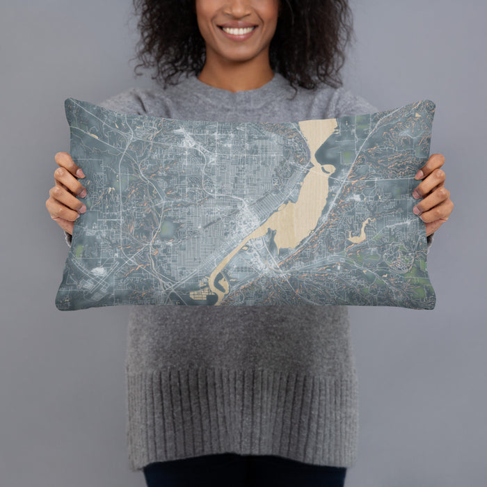 Person holding 20x12 Custom Peoria Illinois Map Throw Pillow in Afternoon