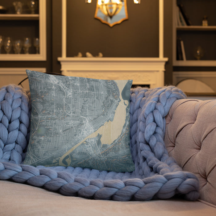 Custom Peoria Illinois Map Throw Pillow in Afternoon on Cream Colored Couch