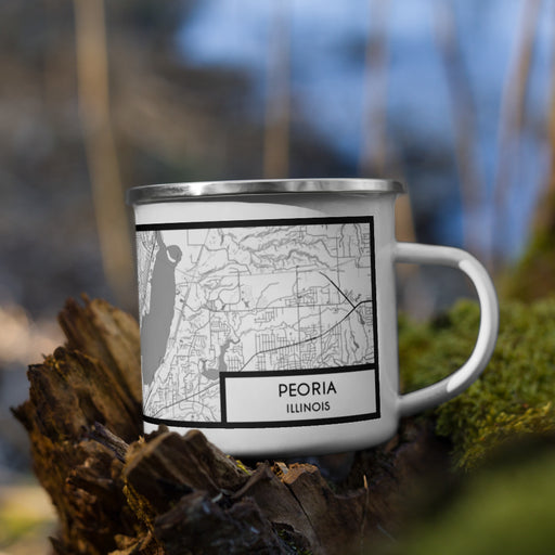 Right View Custom Peoria Illinois Map Enamel Mug in Classic on Grass With Trees in Background