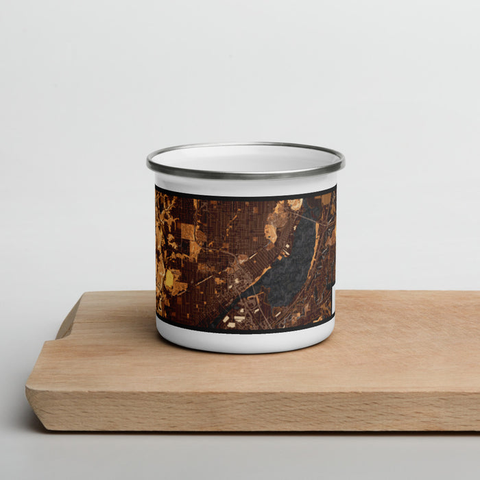 Front View Custom Peoria Illinois Map Enamel Mug in Ember on Cutting Board
