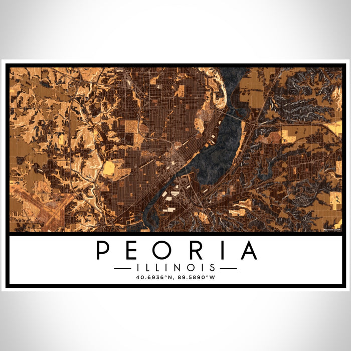 Peoria Illinois Map Print Landscape Orientation in Ember Style With Shaded Background