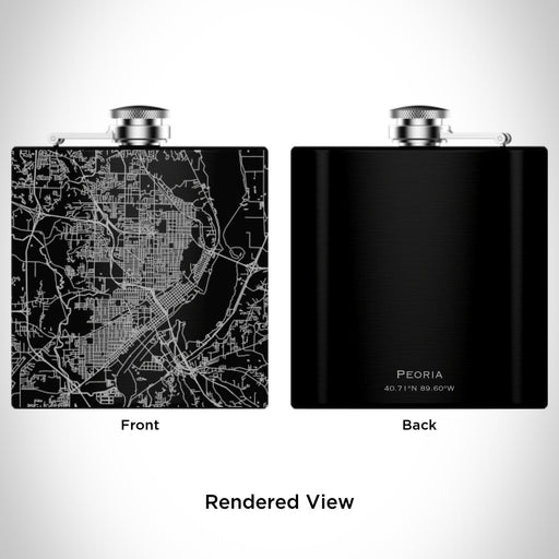 Rendered View of Peoria Illinois Map Engraving on 6oz Stainless Steel Flask in Black