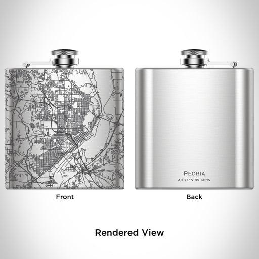 Rendered View of Peoria Illinois Map Engraving on 6oz Stainless Steel Flask