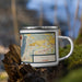 Right View Custom Peoria Illinois Map Enamel Mug in Woodblock on Grass With Trees in Background