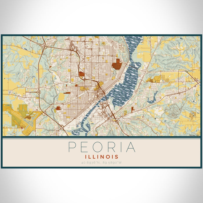 Peoria Illinois Map Print Landscape Orientation in Woodblock Style With Shaded Background