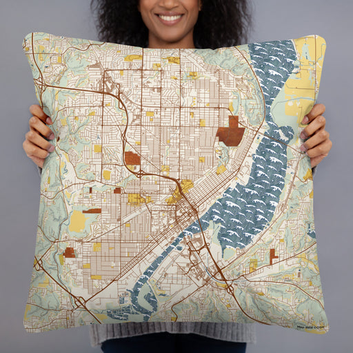 Person holding 22x22 Custom Peoria Illinois Map Throw Pillow in Woodblock