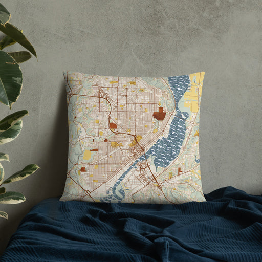Custom Peoria Illinois Map Throw Pillow in Woodblock on Bedding Against Wall