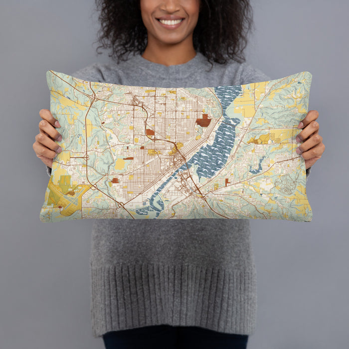 Person holding 20x12 Custom Peoria Illinois Map Throw Pillow in Woodblock