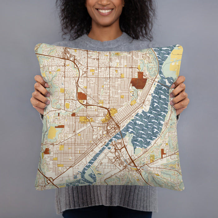 Person holding 18x18 Custom Peoria Illinois Map Throw Pillow in Woodblock