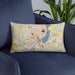 Custom Peoria Illinois Map Throw Pillow in Woodblock on Blue Colored Chair