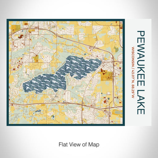 Rendered View of Pewaukee Lake Wisconsin Map on 20oz Stainless Steel Insulated Bottle with Bamboo Top with printed woodblock style map