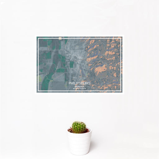 12x18 Philipsburg Montana Map Print Landscape Orientation in Afternoon Style With Small Cactus Plant in White Planter