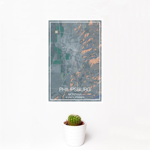12x18 Philipsburg Montana Map Print Portrait Orientation in Afternoon Style With Small Cactus Plant in White Planter
