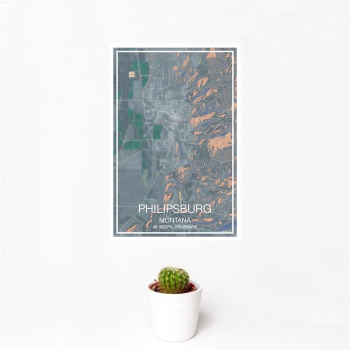 12x18 Philipsburg Montana Map Print Portrait Orientation in Afternoon Style With Small Cactus Plant in White Planter