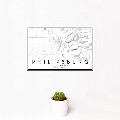 12x18 Philipsburg Montana Map Print Landscape Orientation in Classic Style With Small Cactus Plant in White Planter