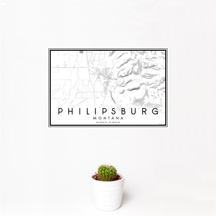 12x18 Philipsburg Montana Map Print Landscape Orientation in Classic Style With Small Cactus Plant in White Planter