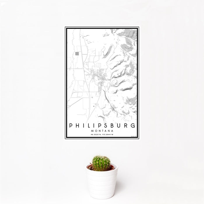 12x18 Philipsburg Montana Map Print Portrait Orientation in Classic Style With Small Cactus Plant in White Planter