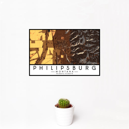 12x18 Philipsburg Montana Map Print Landscape Orientation in Ember Style With Small Cactus Plant in White Planter
