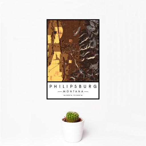 12x18 Philipsburg Montana Map Print Portrait Orientation in Ember Style With Small Cactus Plant in White Planter