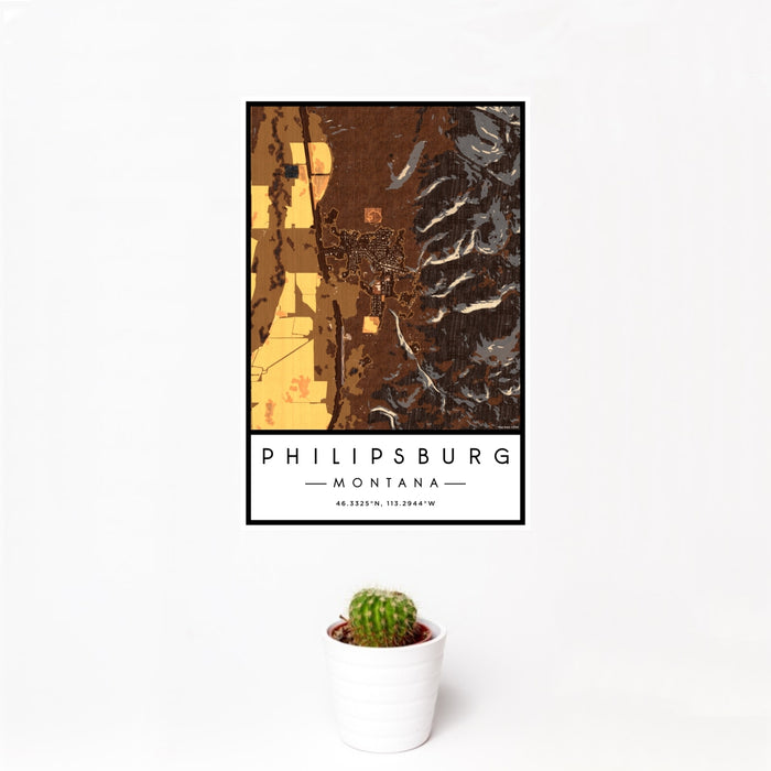 12x18 Philipsburg Montana Map Print Portrait Orientation in Ember Style With Small Cactus Plant in White Planter