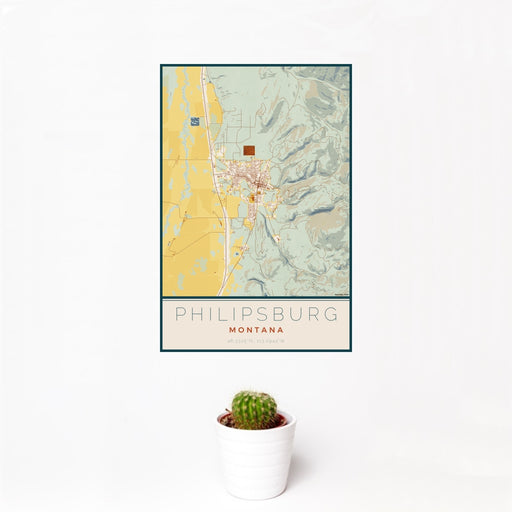 12x18 Philipsburg Montana Map Print Portrait Orientation in Woodblock Style With Small Cactus Plant in White Planter