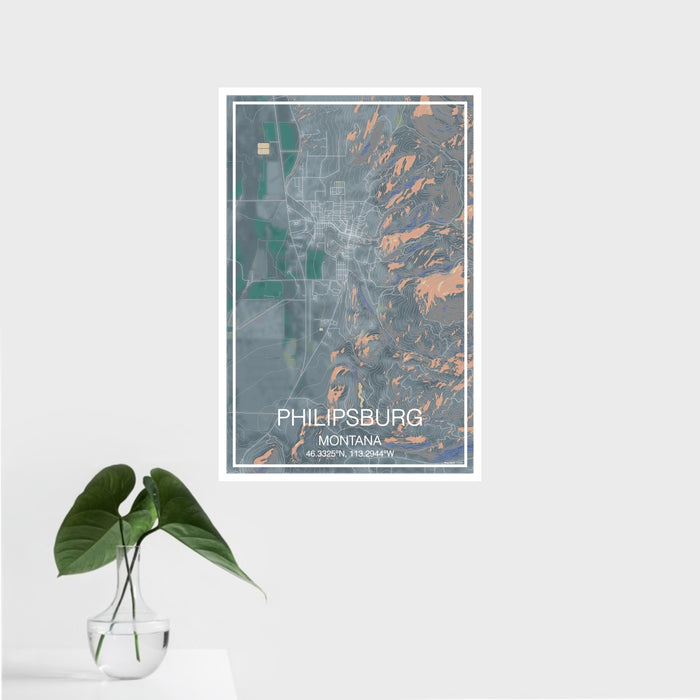 16x24 Philipsburg Montana Map Print Portrait Orientation in Afternoon Style With Tropical Plant Leaves in Water