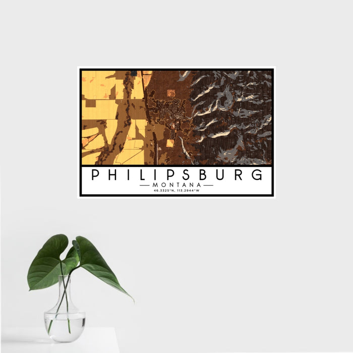 16x24 Philipsburg Montana Map Print Landscape Orientation in Ember Style With Tropical Plant Leaves in Water