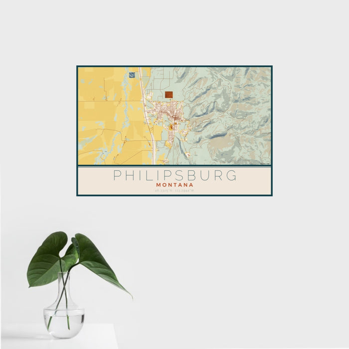 16x24 Philipsburg Montana Map Print Landscape Orientation in Woodblock Style With Tropical Plant Leaves in Water