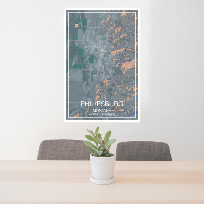 24x36 Philipsburg Montana Map Print Portrait Orientation in Afternoon Style Behind 2 Chairs Table and Potted Plant