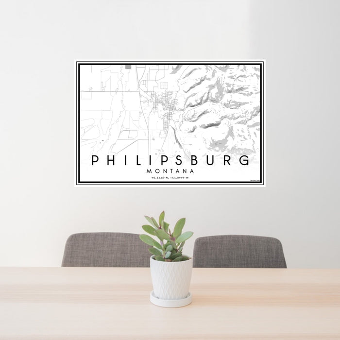 24x36 Philipsburg Montana Map Print Lanscape Orientation in Classic Style Behind 2 Chairs Table and Potted Plant