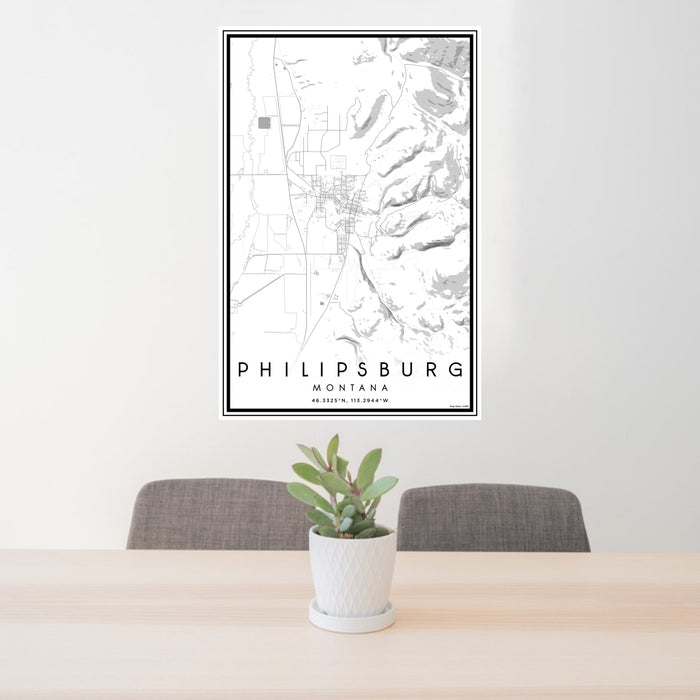 24x36 Philipsburg Montana Map Print Portrait Orientation in Classic Style Behind 2 Chairs Table and Potted Plant