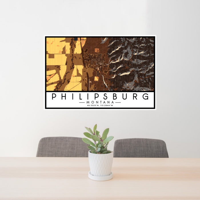 24x36 Philipsburg Montana Map Print Lanscape Orientation in Ember Style Behind 2 Chairs Table and Potted Plant