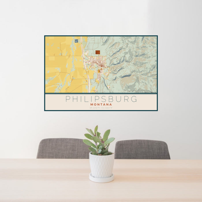 24x36 Philipsburg Montana Map Print Lanscape Orientation in Woodblock Style Behind 2 Chairs Table and Potted Plant