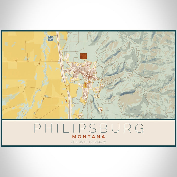 Philipsburg Montana Map Print Landscape Orientation in Woodblock Style With Shaded Background
