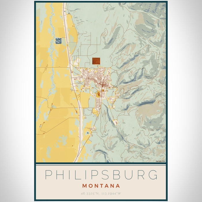 Philipsburg Montana Map Print Portrait Orientation in Woodblock Style With Shaded Background