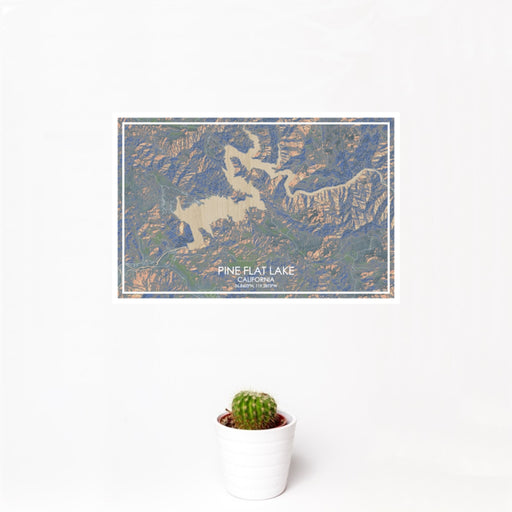 12x18 Pine Flat Lake California Map Print Landscape Orientation in Afternoon Style With Small Cactus Plant in White Planter