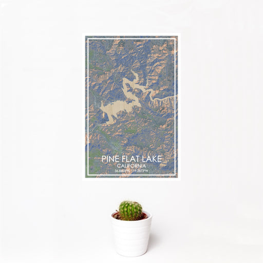 12x18 Pine Flat Lake California Map Print Portrait Orientation in Afternoon Style With Small Cactus Plant in White Planter