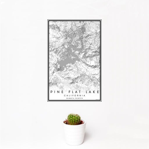 12x18 Pine Flat Lake California Map Print Portrait Orientation in Classic Style With Small Cactus Plant in White Planter