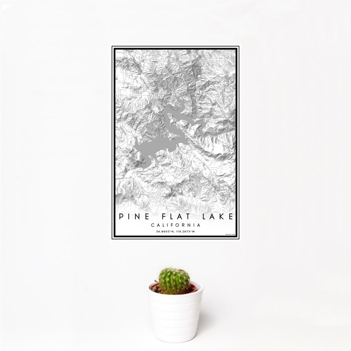 12x18 Pine Flat Lake California Map Print Portrait Orientation in Classic Style With Small Cactus Plant in White Planter