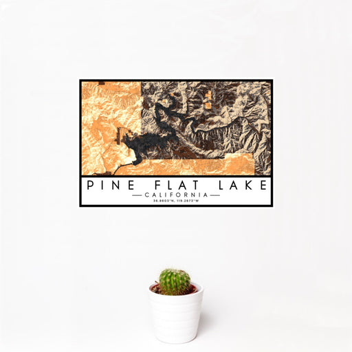 12x18 Pine Flat Lake California Map Print Landscape Orientation in Ember Style With Small Cactus Plant in White Planter