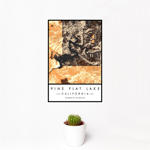 12x18 Pine Flat Lake California Map Print Portrait Orientation in Ember Style With Small Cactus Plant in White Planter
