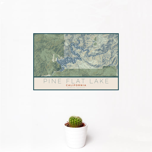 12x18 Pine Flat Lake California Map Print Landscape Orientation in Woodblock Style With Small Cactus Plant in White Planter