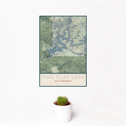 12x18 Pine Flat Lake California Map Print Portrait Orientation in Woodblock Style With Small Cactus Plant in White Planter